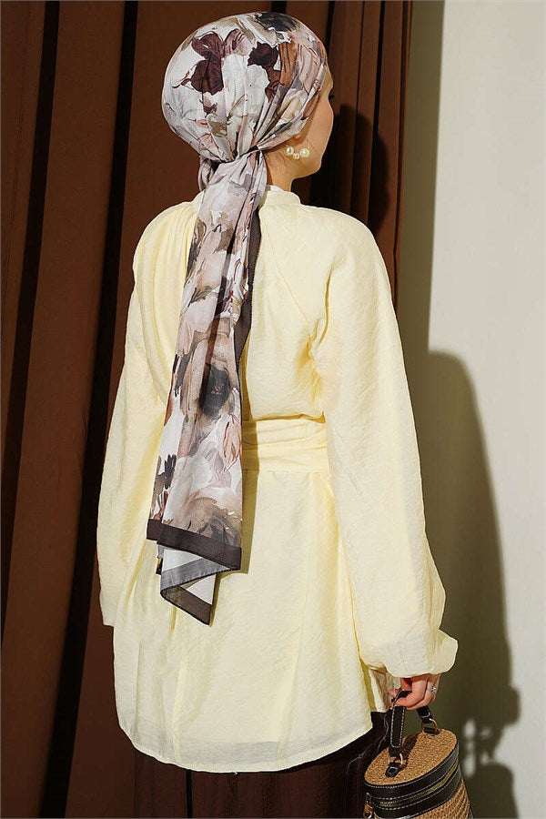 Yellow Tunic with Rose Brooch and Waist Tie