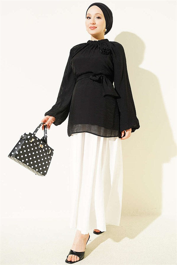 Black Tunic with Rose Brooch and Waist Tie