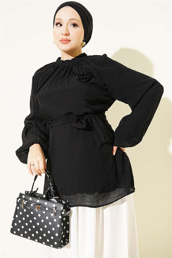Black Tunic with Rose Brooch and Waist Tie