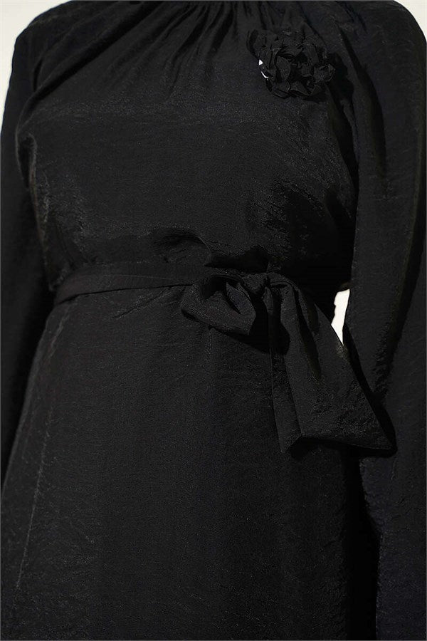 Black Tunic with Rose Brooch and Waist Tie