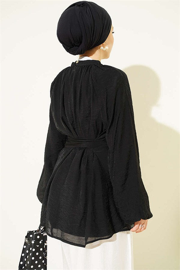 Black Tunic with Rose Brooch and Waist Tie
