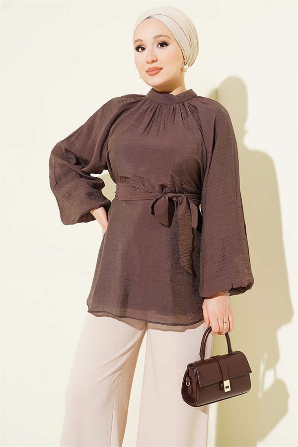 Dark Brown Tunic with Rose Brooch and Self-Belt