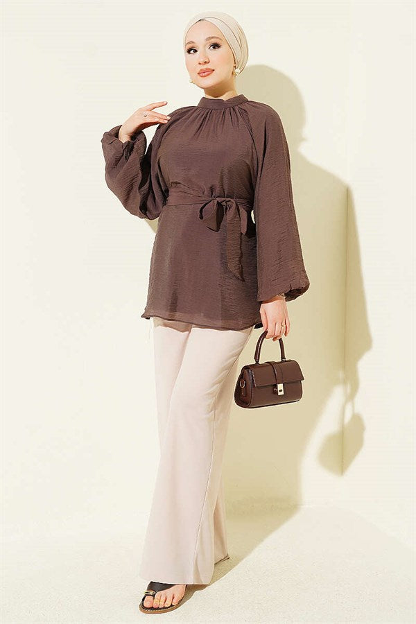 Dark Brown Tunic with Rose Brooch and Self-Belt