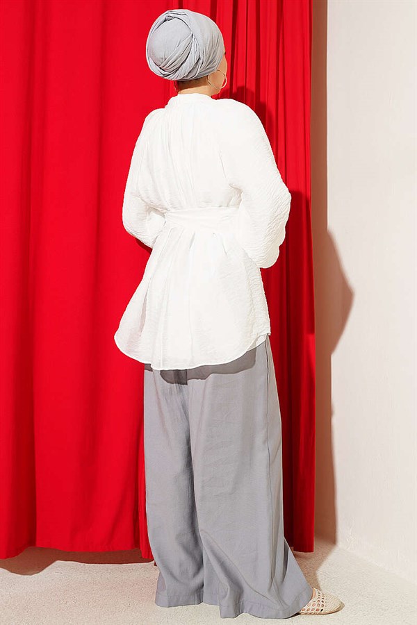 White Tunic with Rose Brooch and Self-Belt