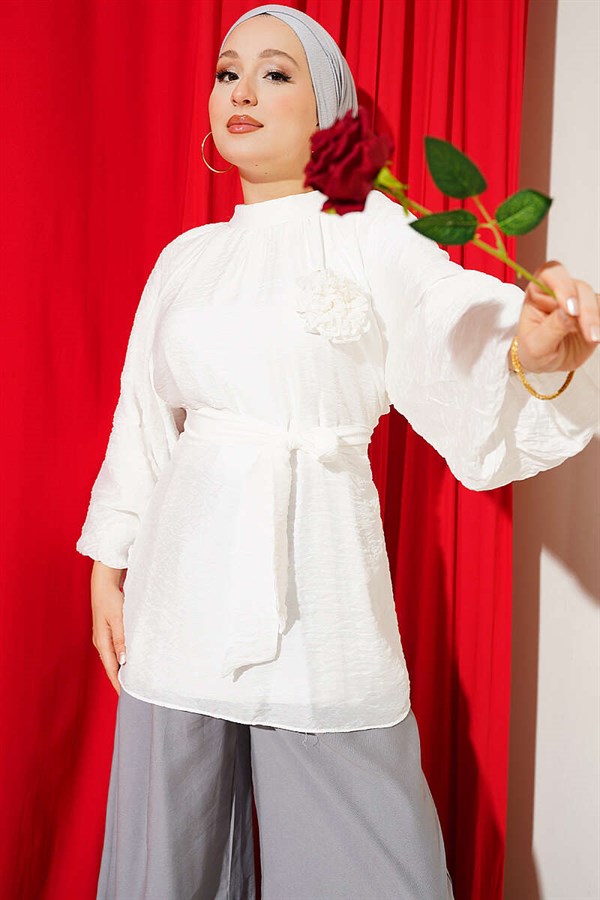 White Tunic with Rose Brooch and Self-Belt