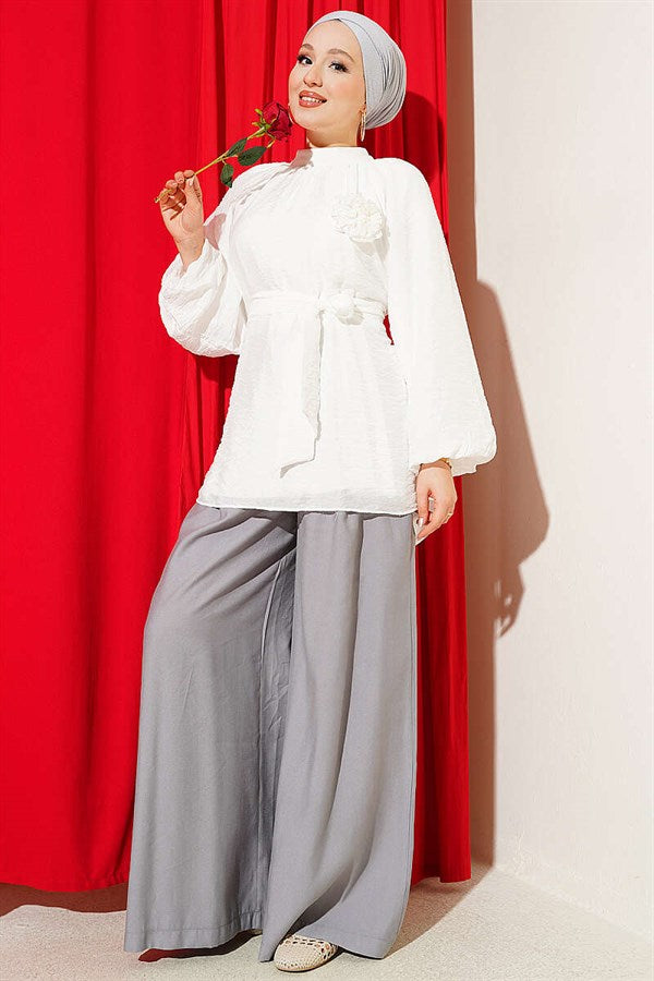 White Tunic with Rose Brooch and Self-Belt