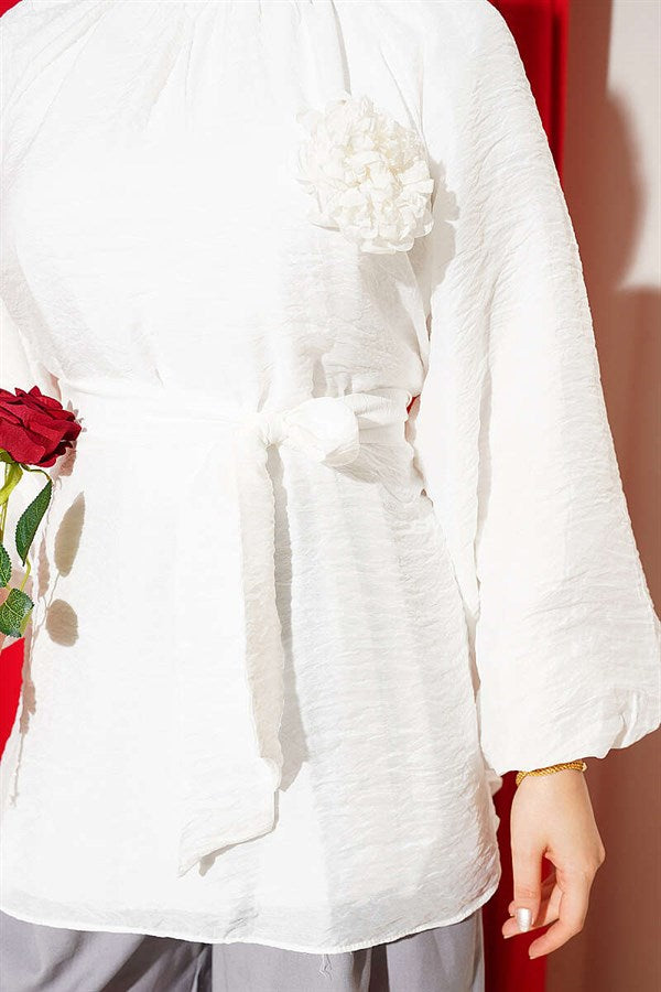 White Tunic with Rose Brooch and Self-Belt