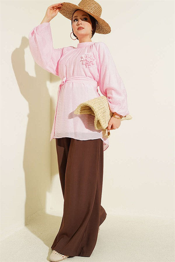 Pink Tunic with Rose Brooch and Self-Belt