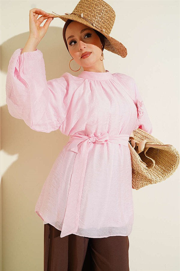 Pink Tunic with Rose Brooch and Self-Belt