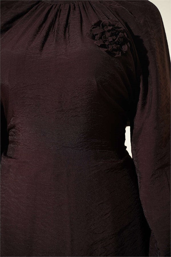 Casual 2 Piece Set with Rose Brooch, Dark Brown