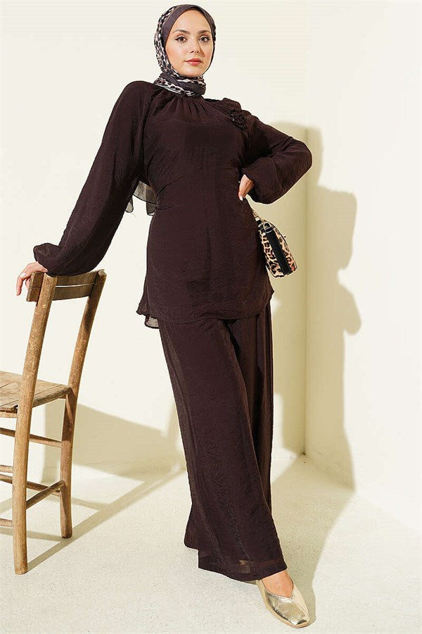 Casual 2 Piece Set with Rose Brooch, Dark Brown