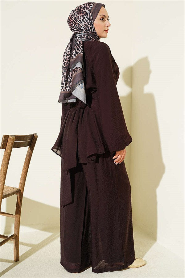 Casual 2 Piece Set with Rose Brooch, Dark Brown