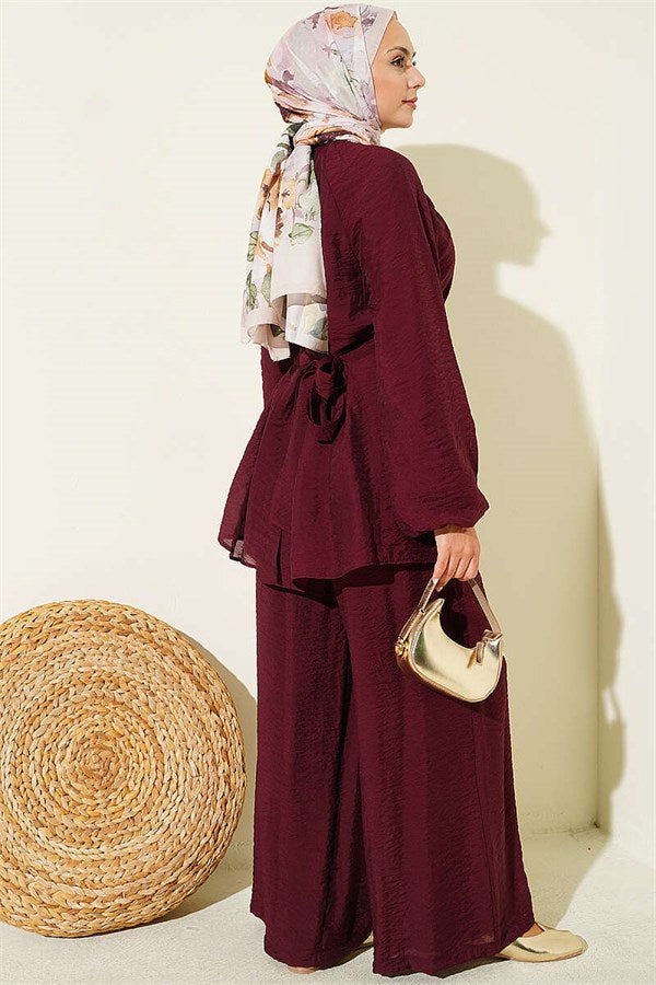 Casual 2 Piece Set with Rose Brooch, Burgundy
