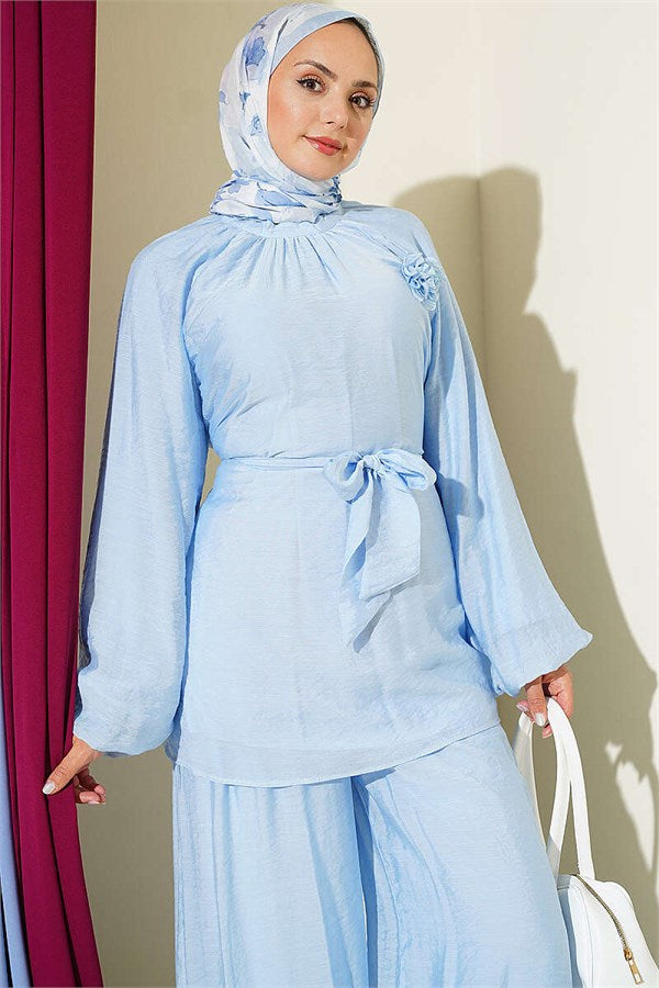 Casual 2 Piece Set with Rose Brooch, Ice Blue