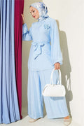 Casual 2 Piece Set with Rose Brooch, Ice Blue