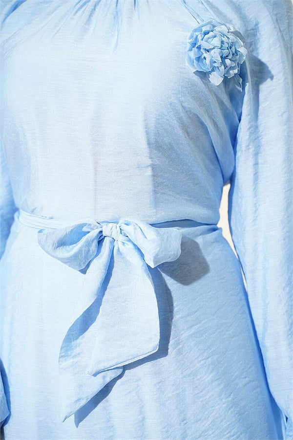 Casual 2 Piece Set with Rose Brooch, Ice Blue