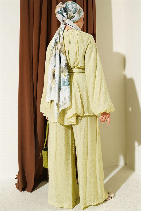 Casual 2 Piece Set with Rose Brooch, Aqua Green
