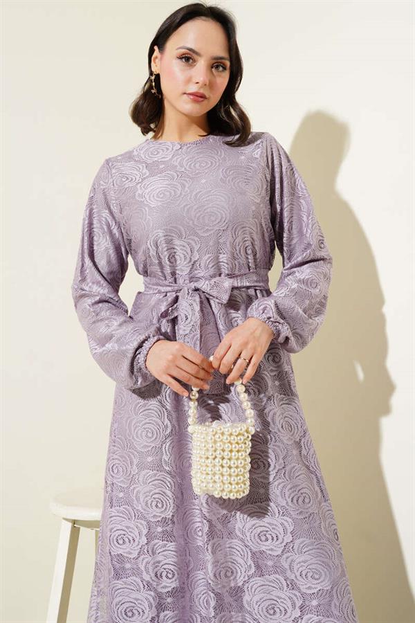 Rose Lace Belted Dress Lilac