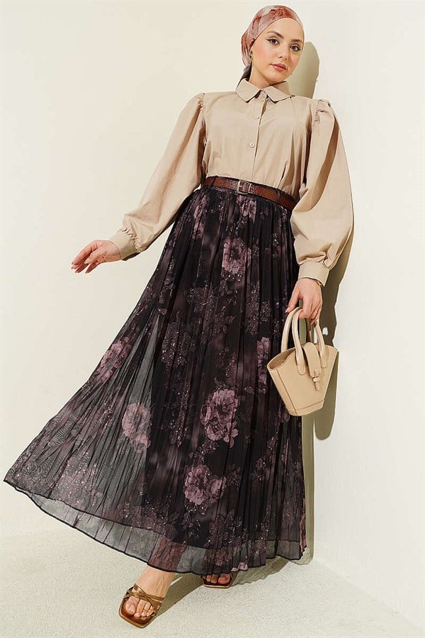 Rose Patterned Belted Tulle Skirt Dark Brown