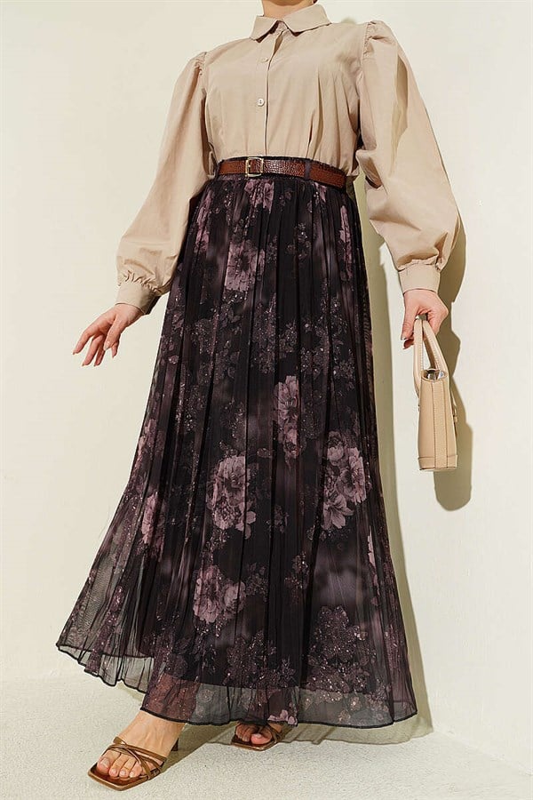 Rose Patterned Belted Tulle Skirt Dark Brown