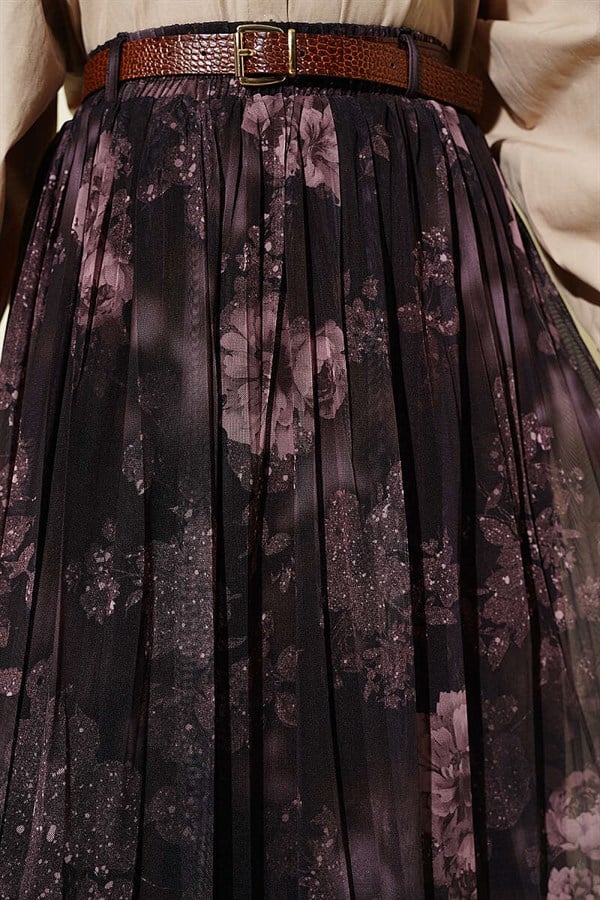 Rose Patterned Belted Tulle Skirt Dark Brown