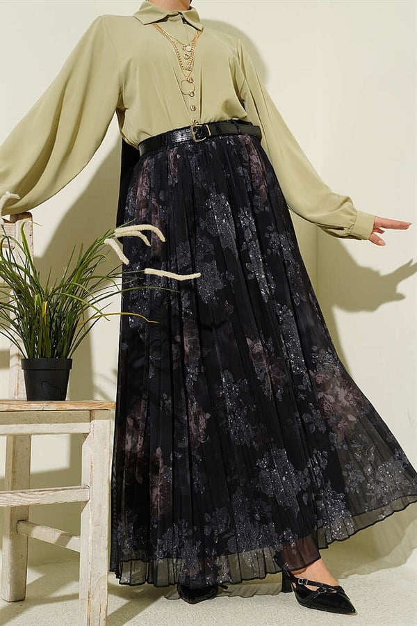 Rose Pattern Belted Tulle Skirt Black