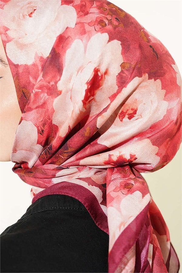 Rose Patterned Soft Scarf Burgundy
