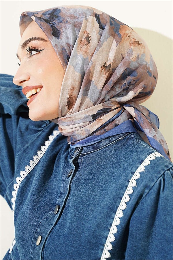 Rose Patterned Soft Scarf Indigo