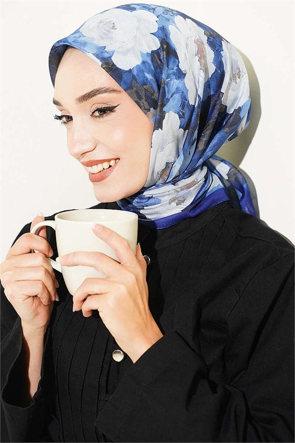 Rose Patterned Soft Scarf, Navy Blue