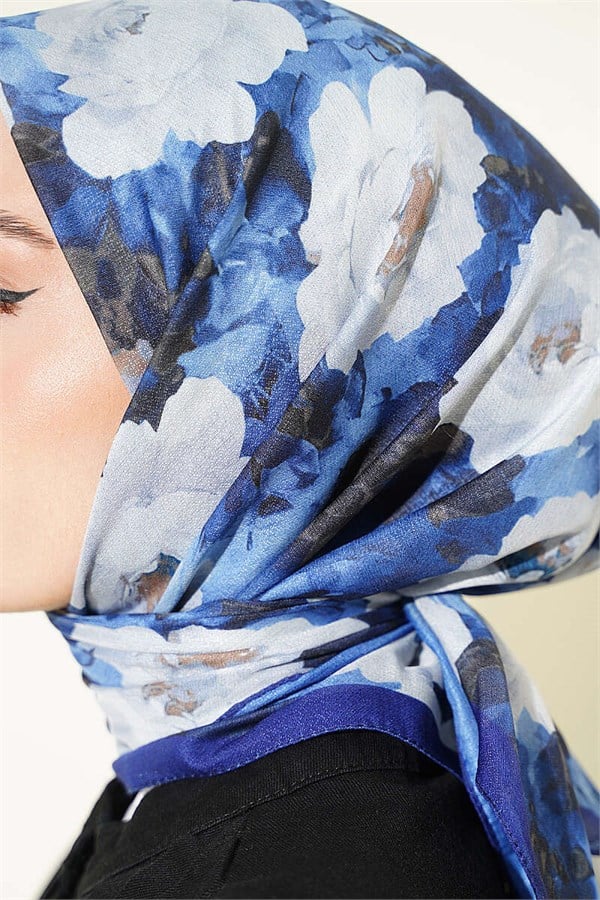 Rose Patterned Soft Scarf, Navy Blue