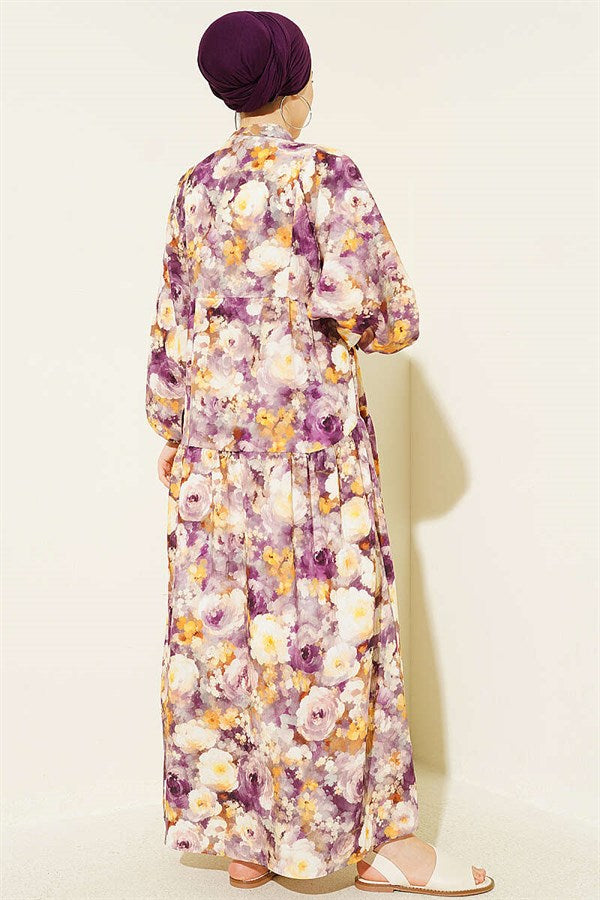 Rose Patterned Half-Button Dress, Plum