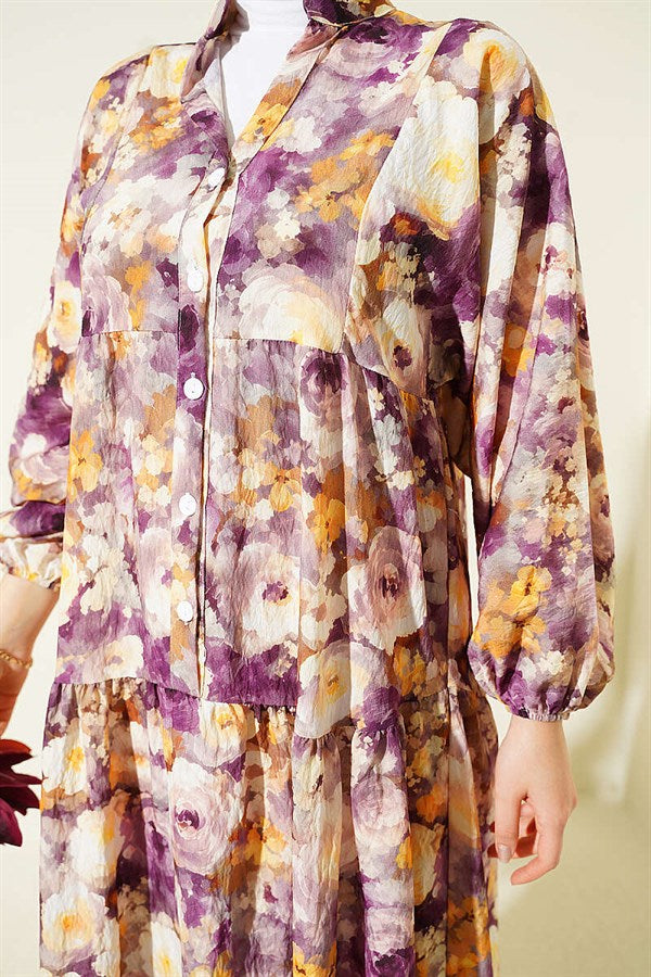 Rose Patterned Half-Button Dress, Plum