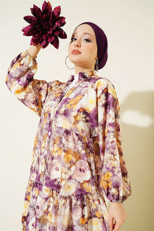 Rose Patterned Half-Button Dress, Plum