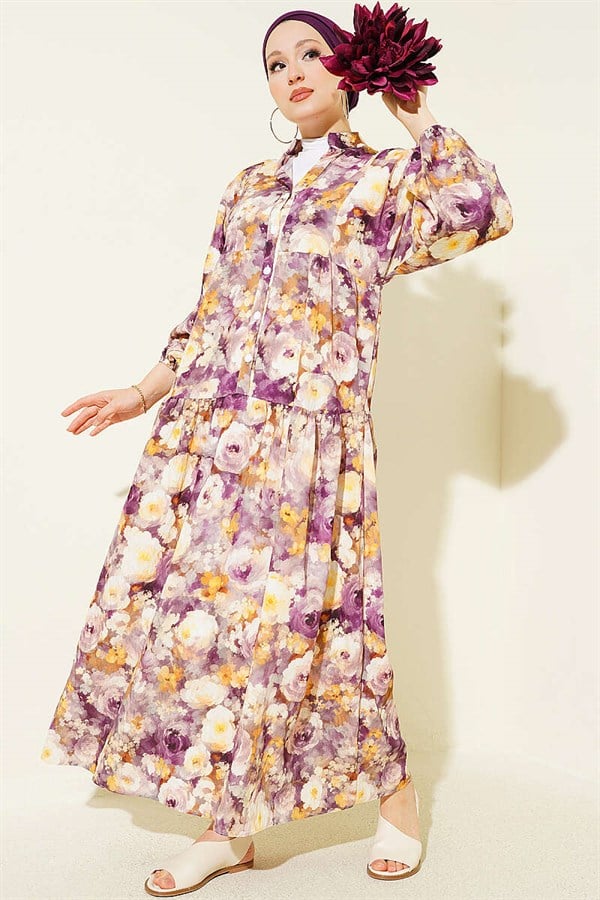 Rose Patterned Half-Button Dress, Plum