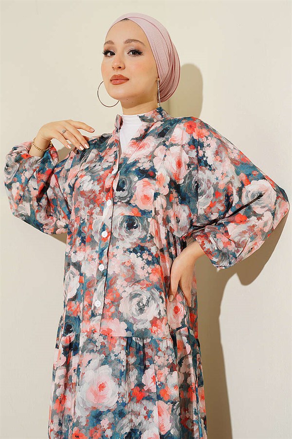 Rose Patterned Half-Button Dress in Petrol Blue