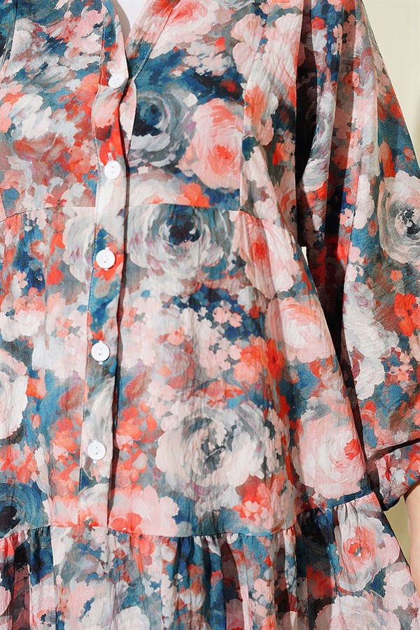 Rose Patterned Half-Button Dress in Petrol Blue
