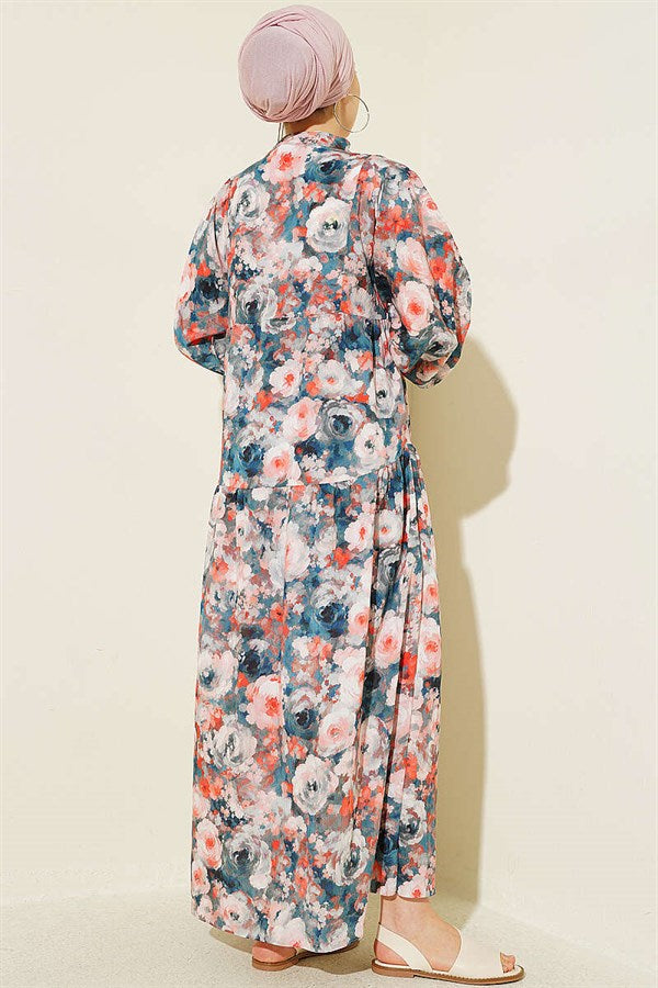 Rose Patterned Half-Button Dress in Petrol Blue