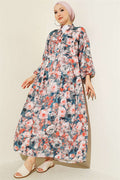 Rose Patterned Half-Button Dress in Petrol Blue