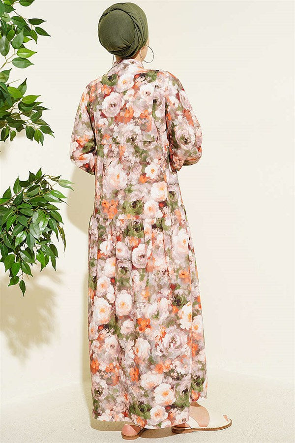 Rose Patterned Half-Button Dress, Mink