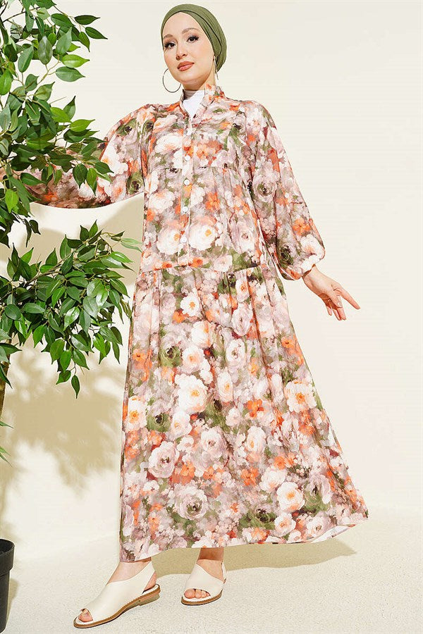 Rose Patterned Half-Button Dress, Mink