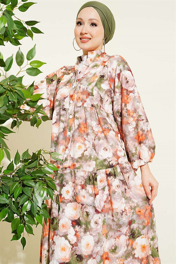 Rose Patterned Half-Button Dress, Mink