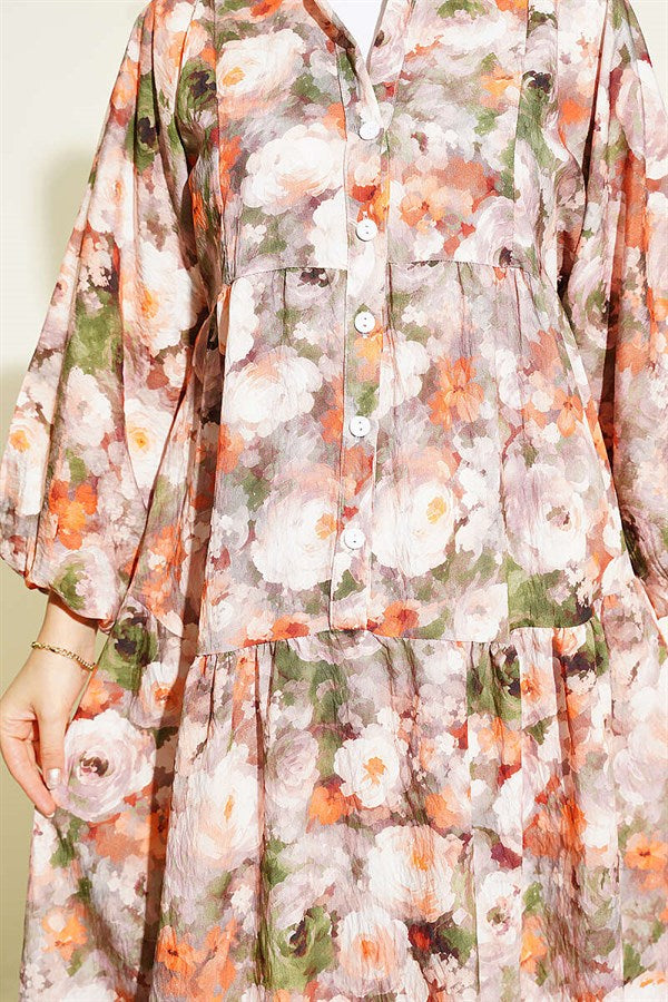 Rose Patterned Half-Button Dress, Mink