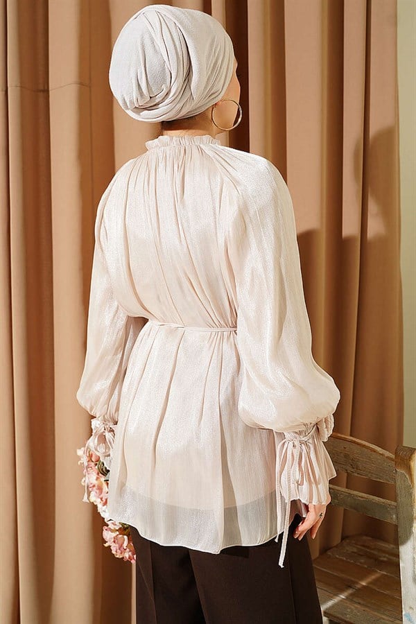 Rose Detail Buttoned Evening Shirt Beige