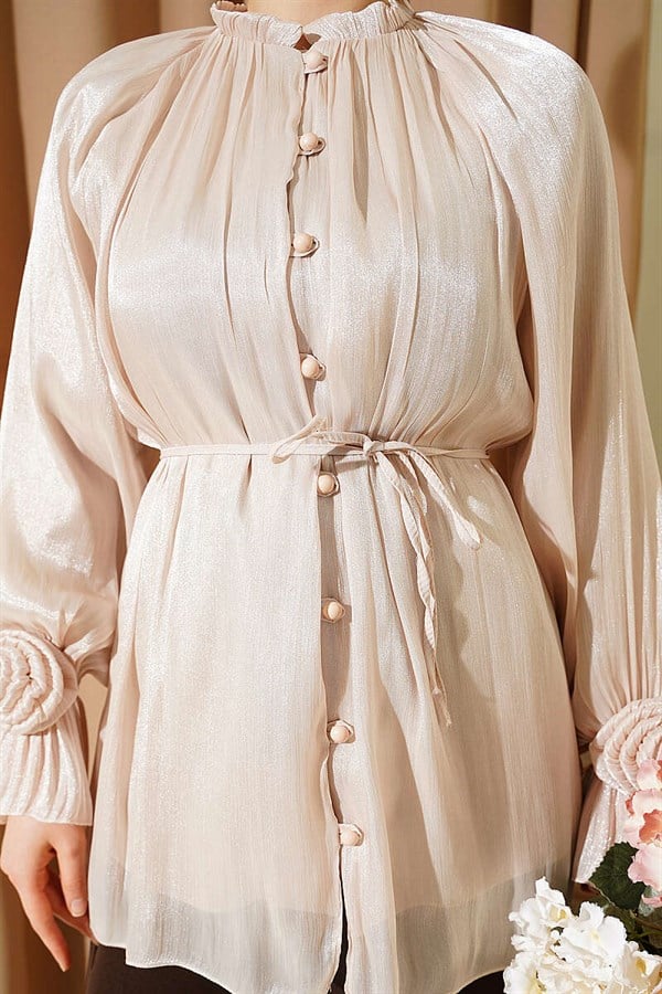 Rose Detail Buttoned Evening Shirt Beige