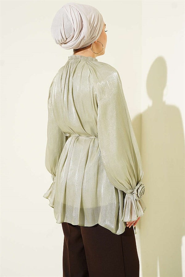 Rose Detail Buttoned Evening Shirt in Light Green