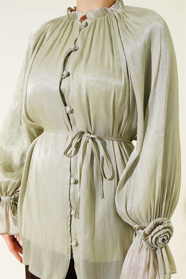 Rose Detail Buttoned Evening Shirt in Light Green