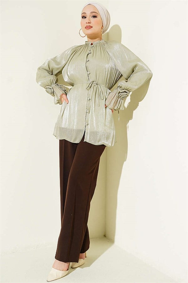 Rose Detail Buttoned Evening Shirt in Light Green