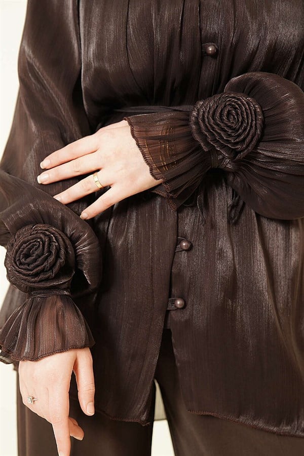 Rose Detail Buttoned Evening Shirt, Brown