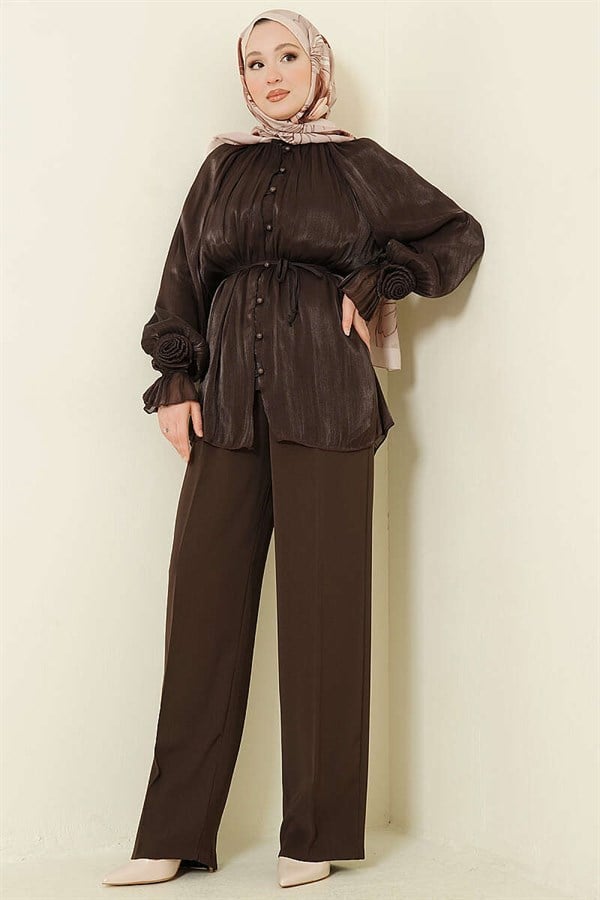 Rose Detail Buttoned Evening Shirt, Brown