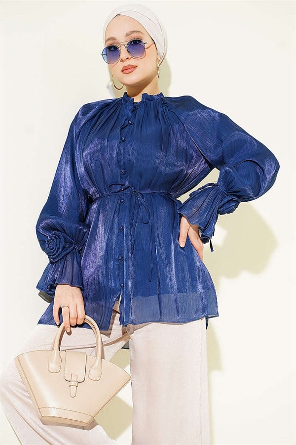 Navy Blue Buttoned Evening Shirt with Rose Detail